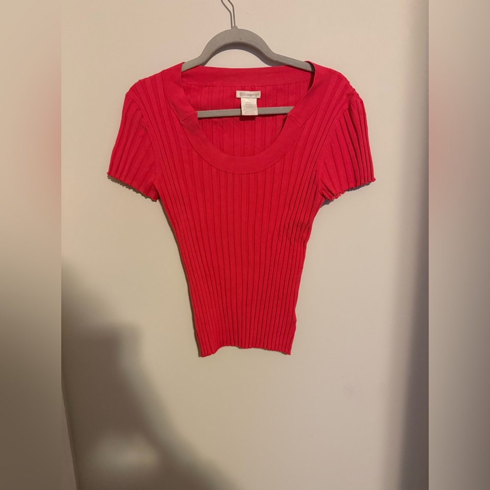 Worthington Pink Ribbed Short Sleeve knit sweater Tee large winter spring Y2K